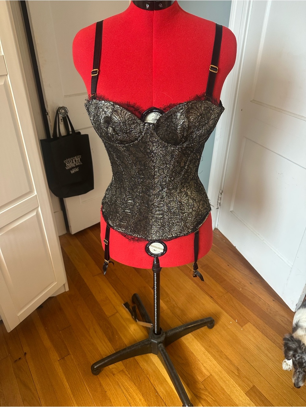 Agent Provocateur Black Metallic Lace Corset with Garters